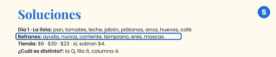 Página real de soluciones del cuaderno, día 1